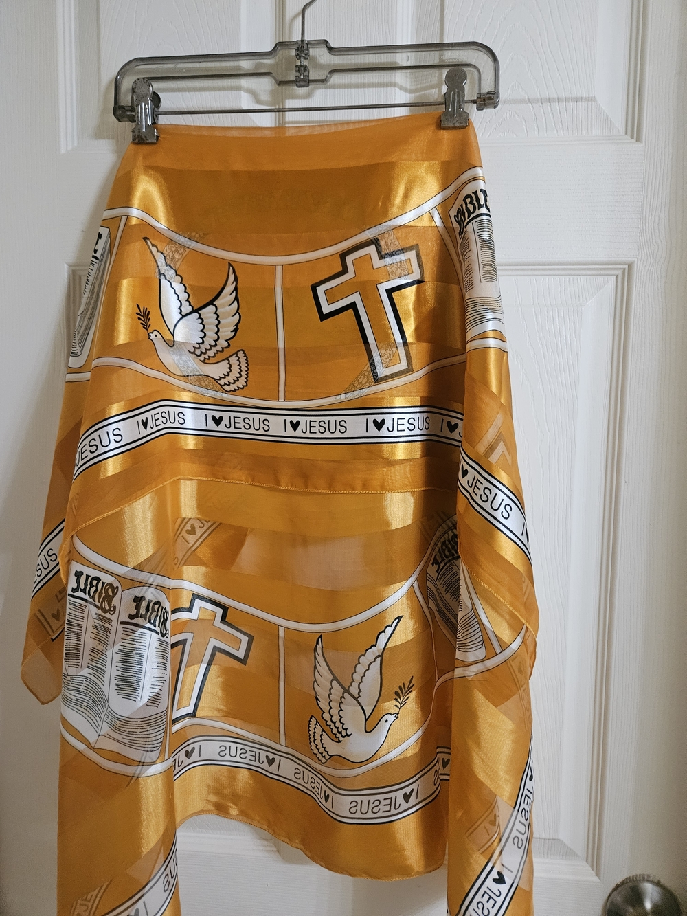 White & Gold Religious Print Satin Scarf - Picture 6 of 12